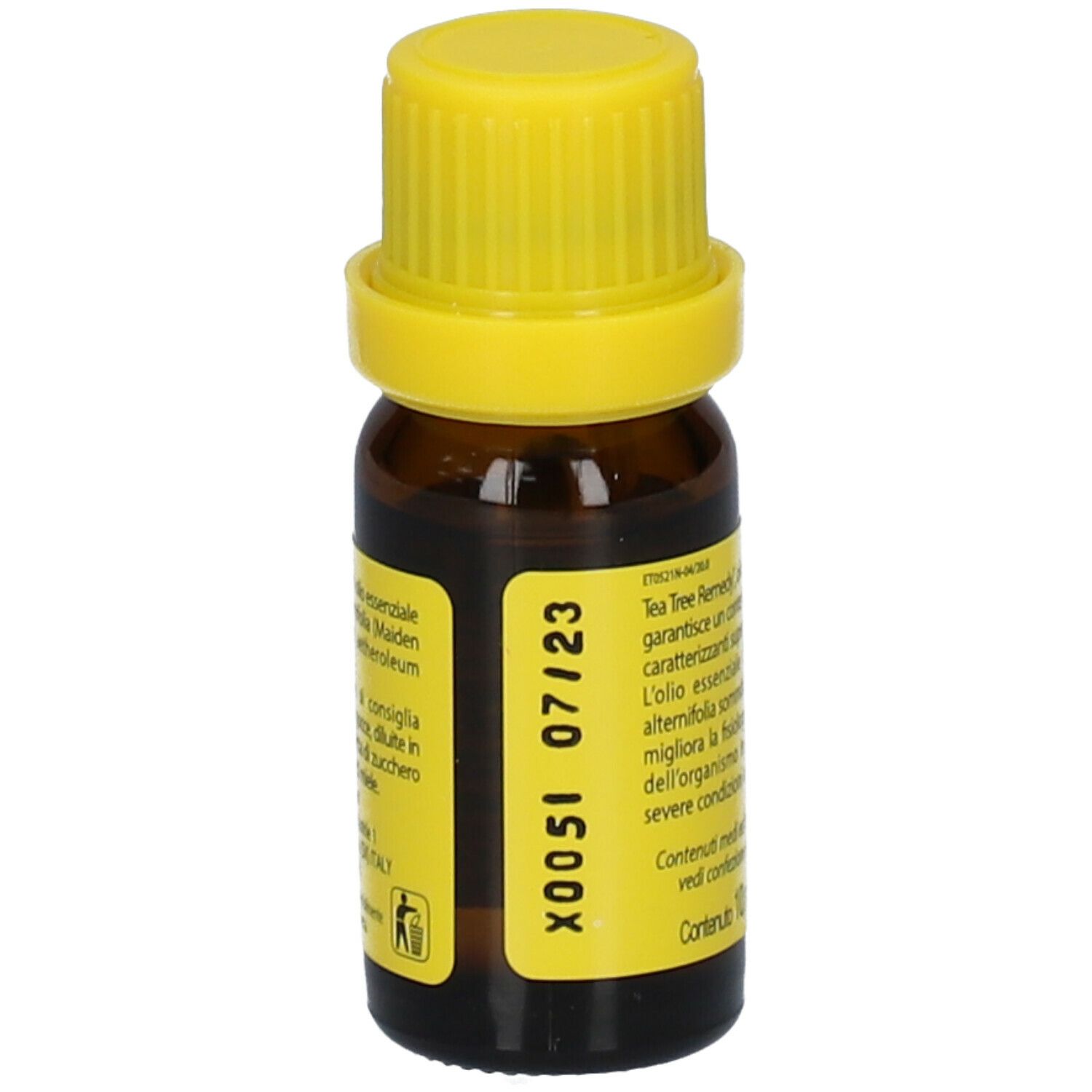 Braune Glasflasche mit gelbem Deckel. Aufschrift: Tea Tree Remedy, ESI, Tea Tree Oil titolato min. 38%.