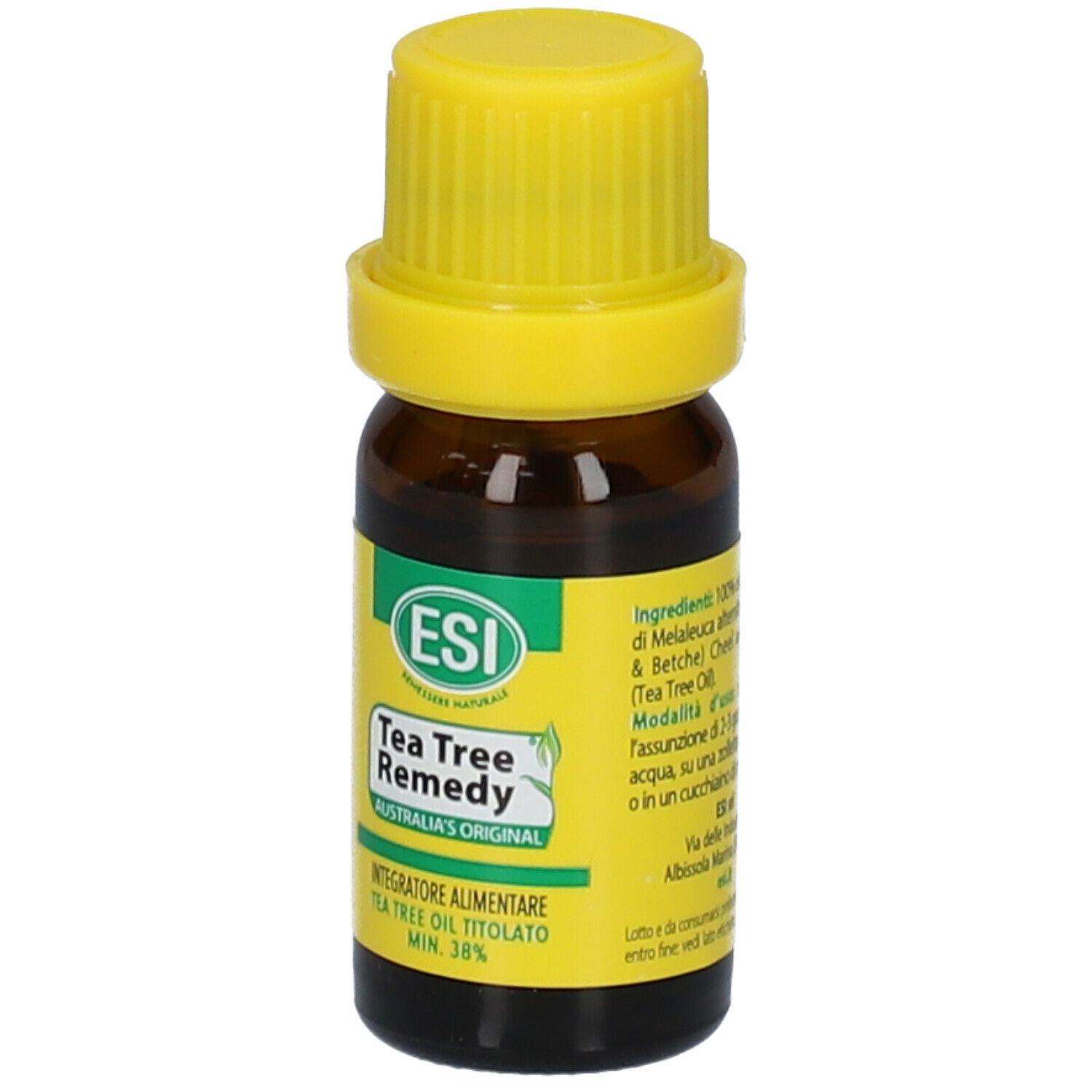 Braune Glasflasche mit gelbem Deckel. Aufschrift: Tea Tree Remedy, ESI, Tea Tree Oil titolato min. 38%.