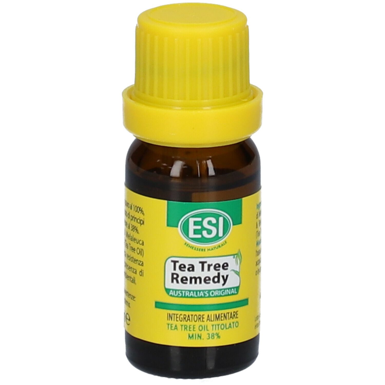 Braune Glasflasche mit gelbem Deckel. Aufschrift: Tea Tree Remedy, ESI, Tea Tree Oil titolato min. 38%.