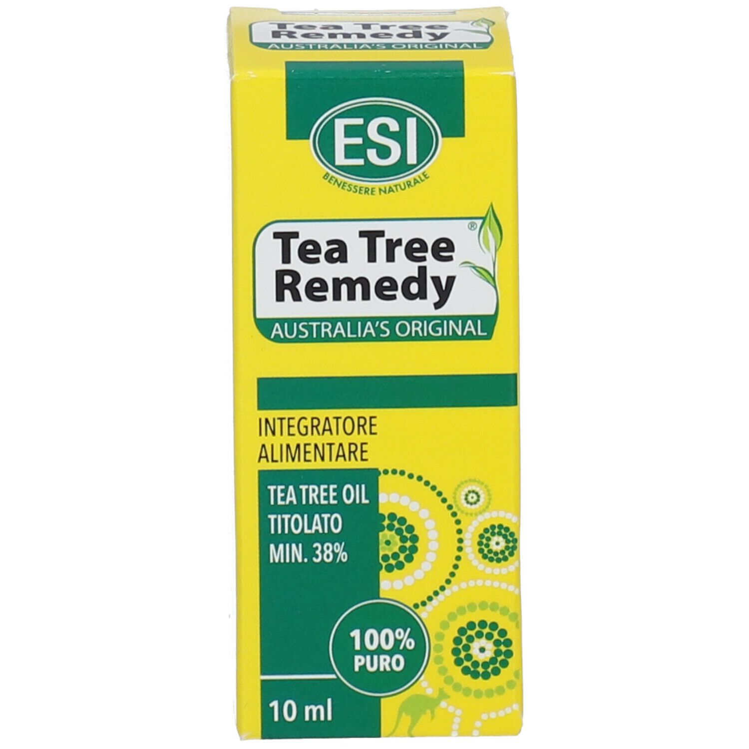 Gelbe Verpackung mit Aufschrift: Tea Tree Remedy, ESI, 10 ml.