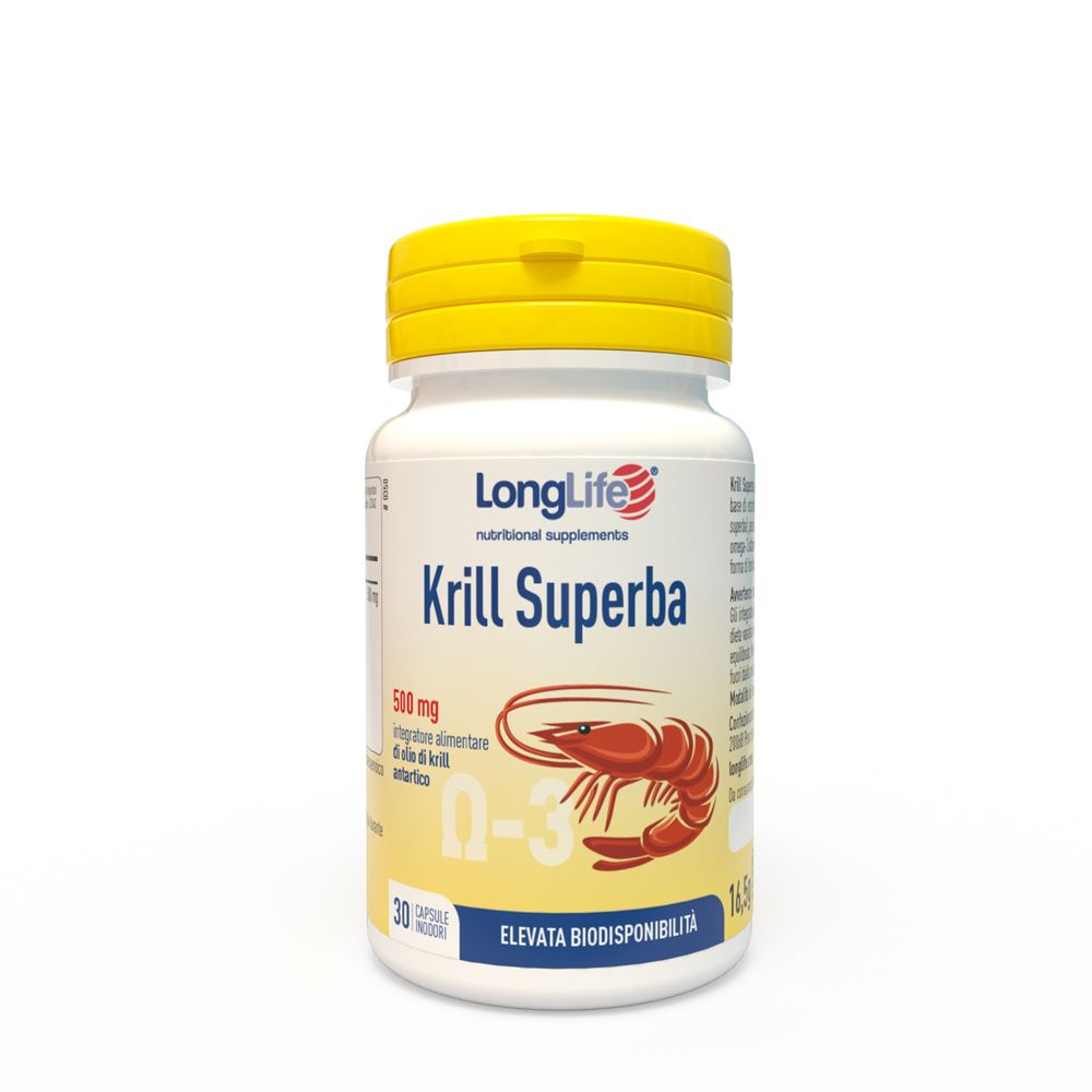 Flacone bianco con tappo giallo. Scritta: LongLife Krill Superba, 500mg, Omega-3, 30 capsule.