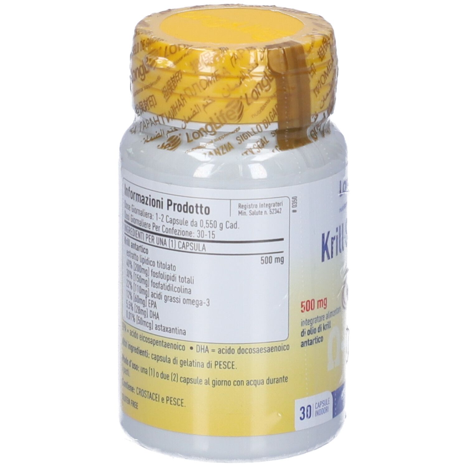 Retro del flacone. Informazioni prodotto, ingredienti, dosaggio. Tappo giallo.
