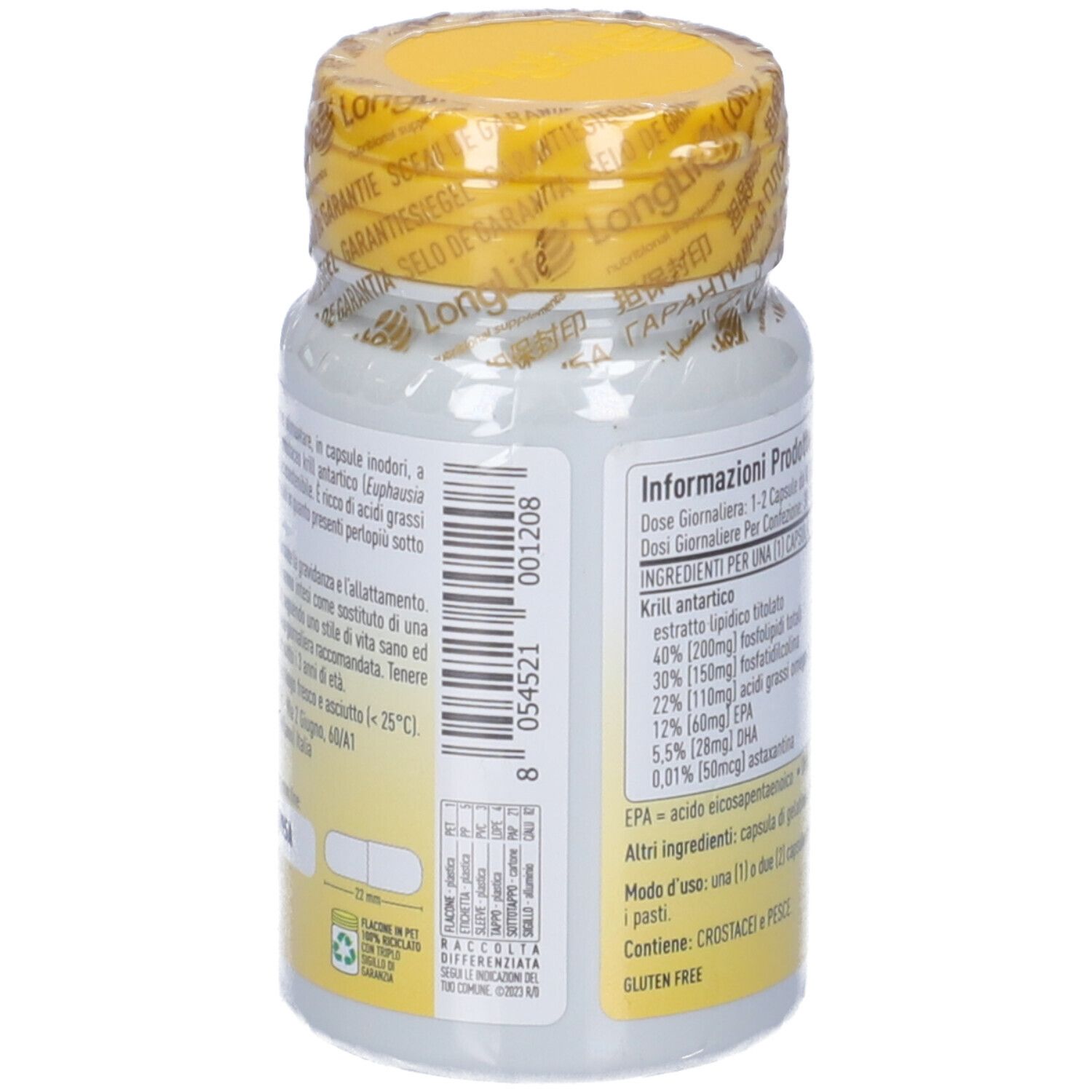 Retro del flacone. Informazioni prodotto, ingredienti, dosaggio. Tappo giallo.