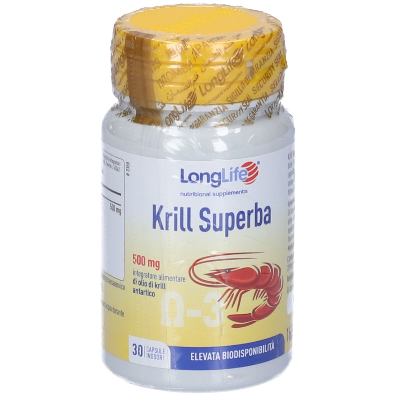 Flacone bianco con tappo giallo e sigillo. Scritta: LongLife Krill Superba, 500mg, Omega-3, 30 capsule.
