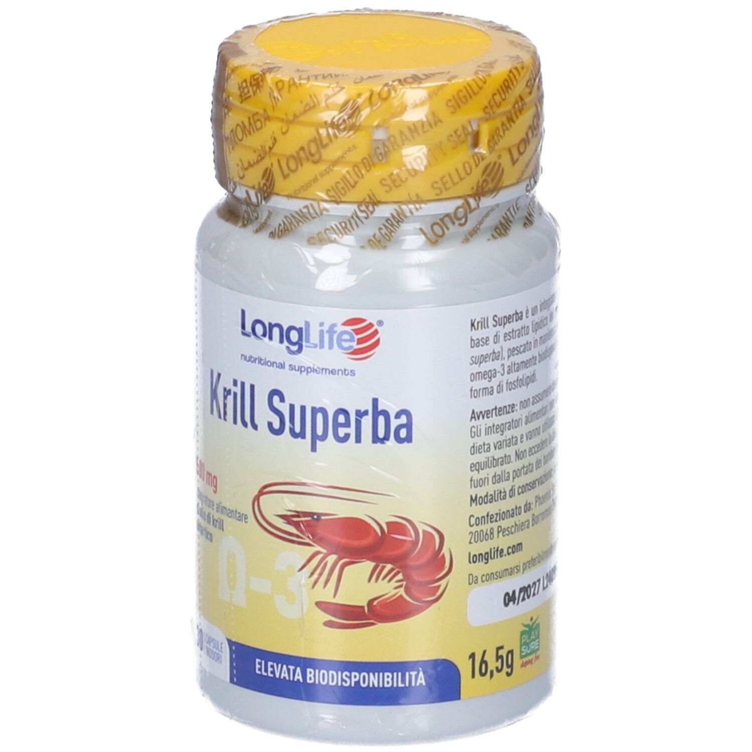 Flacone bianco con tappo giallo e sigillo. Scritta: LongLife Krill Superba, 500mg, Omega-3, 30 capsule.
