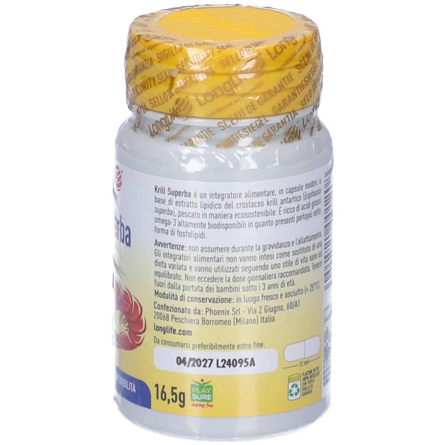 Retro del flacone. Informazioni, ingredienti, data di scadenza. Tappo giallo.