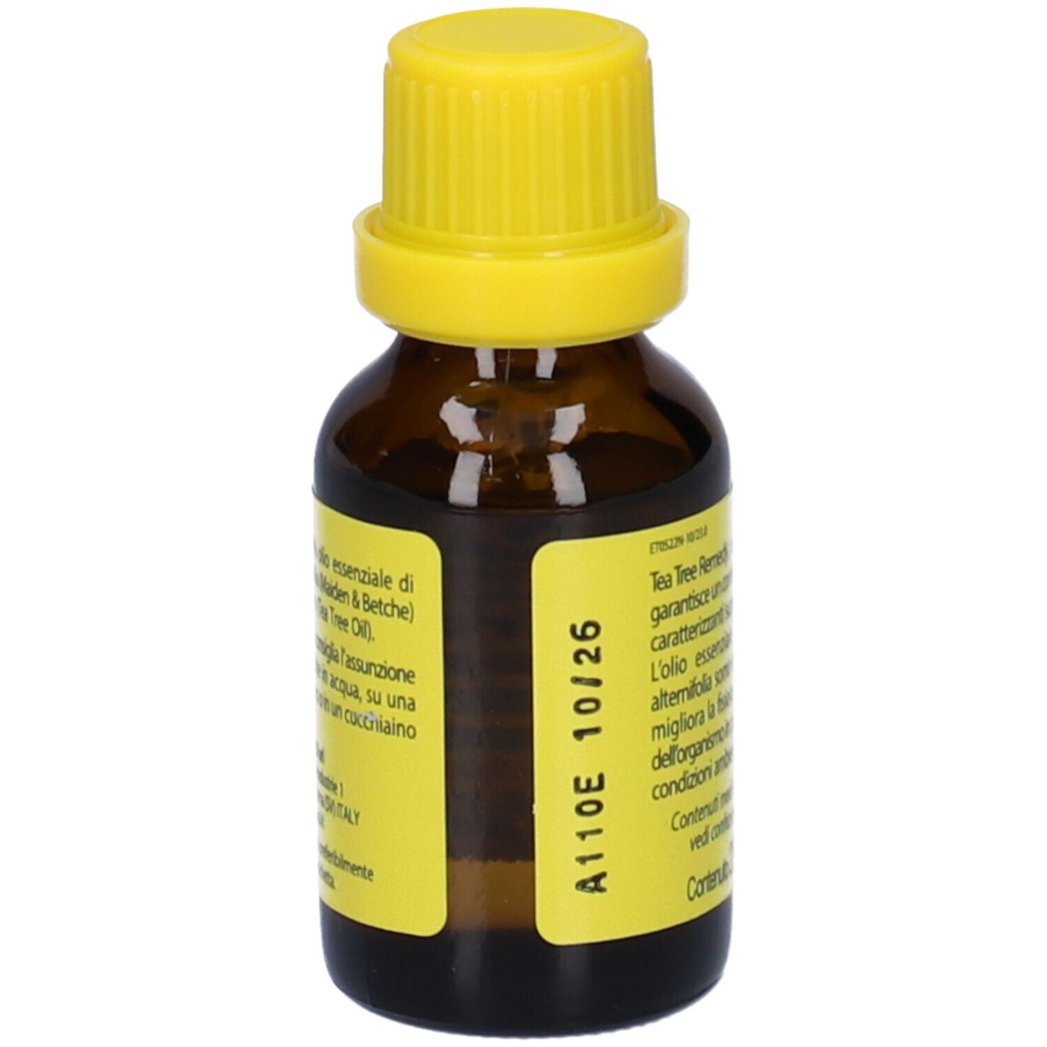 Flacone di vetro marrone con tappo a vite giallo. Etichetta con informazioni sul prodotto. ESI Tea Tree Remedy.