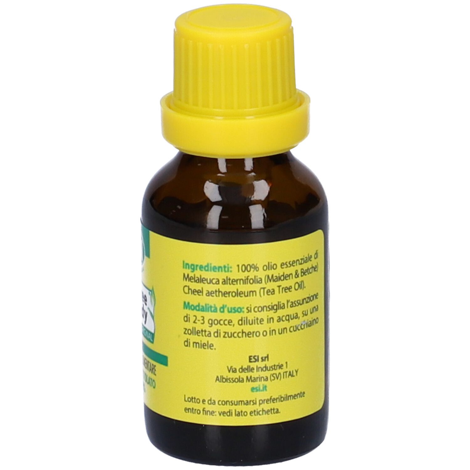 Flacone di vetro marrone con tappo a vite giallo. Etichetta con informazioni sul prodotto. ESI Tea Tree Remedy.