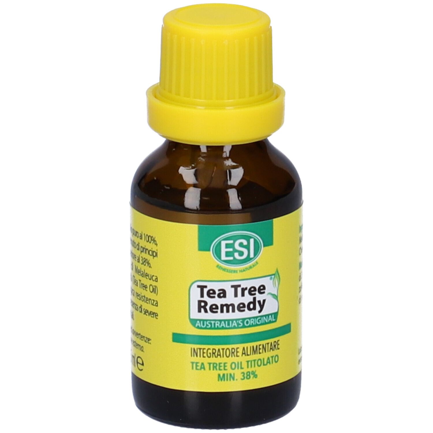 Flacone di vetro marrone con tappo a vite giallo. Etichetta con informazioni sul prodotto. ESI Tea Tree Remedy.