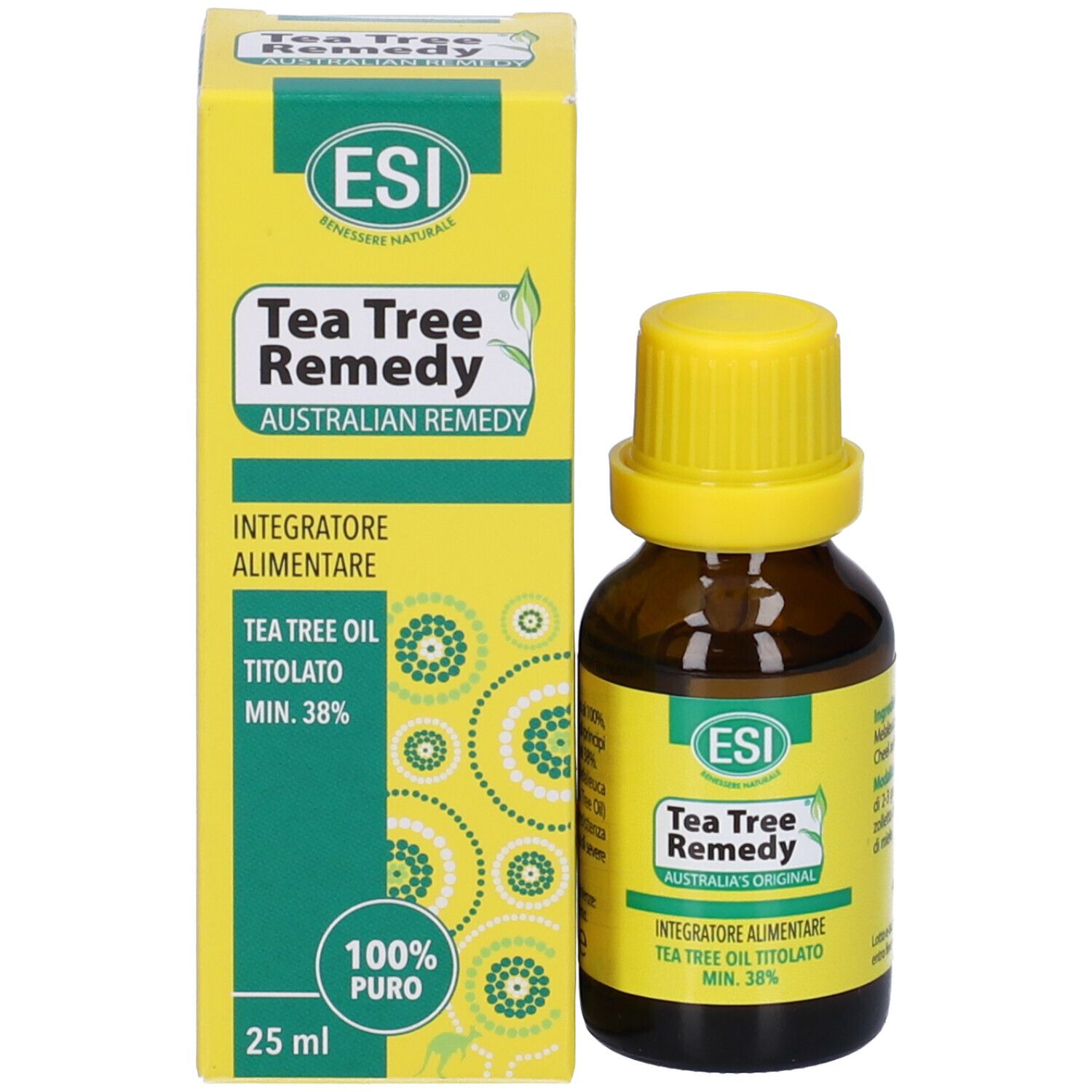 Flacone di vetro marrone con tappo a vite giallo e confezione gialla. ESI Tea Tree Remedy.