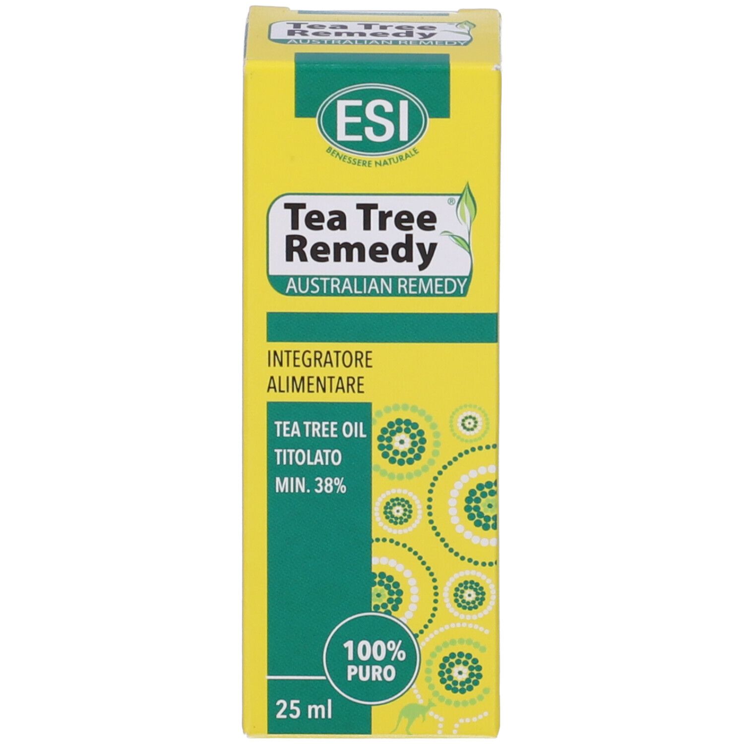 Confezione gialla con informazioni sul prodotto. ESI Tea Tree Remedy.
