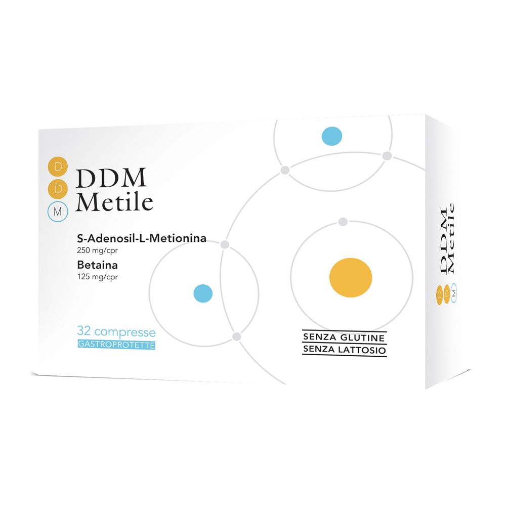 Confezione di compresse DDM Metile. Contiene S-Adenosil-L-Metionina e Betaina. 32 compresse gastroprotette. Senza glutine e lattosio.