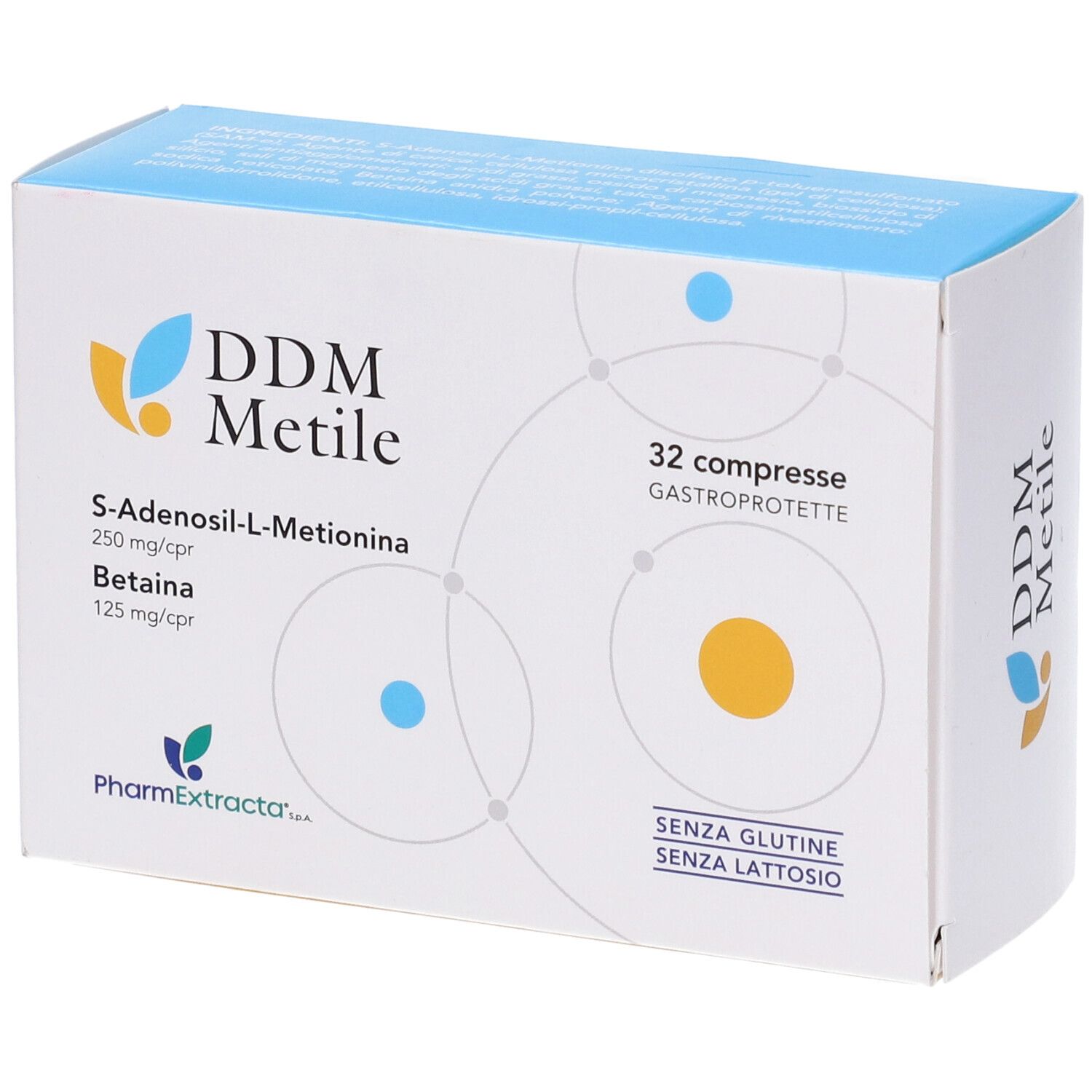 Confezione di compresse DDM Metile. Contiene S-Adenosil-L-Metionina e Betaina. 32 compresse gastroprotette. Senza glutine e lattosio.