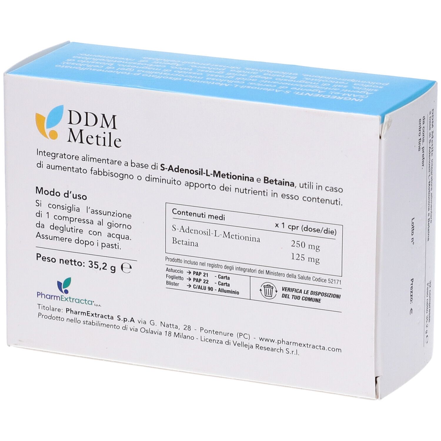 Retro della confezione di compresse DDM Metile. Ingredienti, dosaggio. Peso netto 35,2 g. Informazioni produttore.