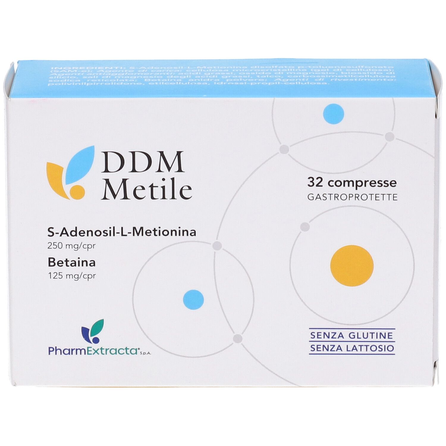 Confezione di compresse DDM Metile. Contiene S-Adenosil-L-Metionina e Betaina. 32 compresse gastroprotette. Senza glutine e lattosio.