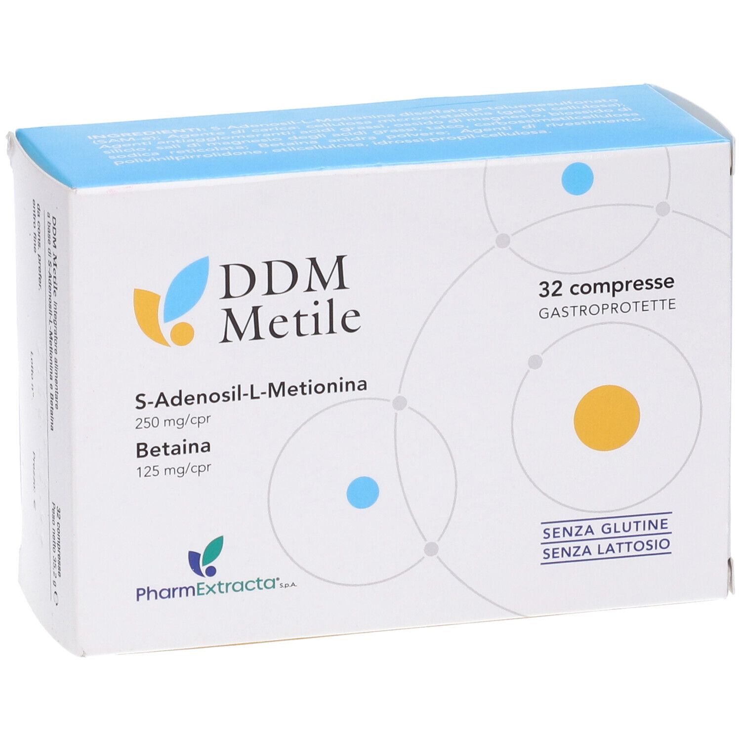 Confezione di compresse DDM Metile. Contiene S-Adenosil-L-Metionina e Betaina. 32 compresse gastroprotette. Senza glutine e lattosio.