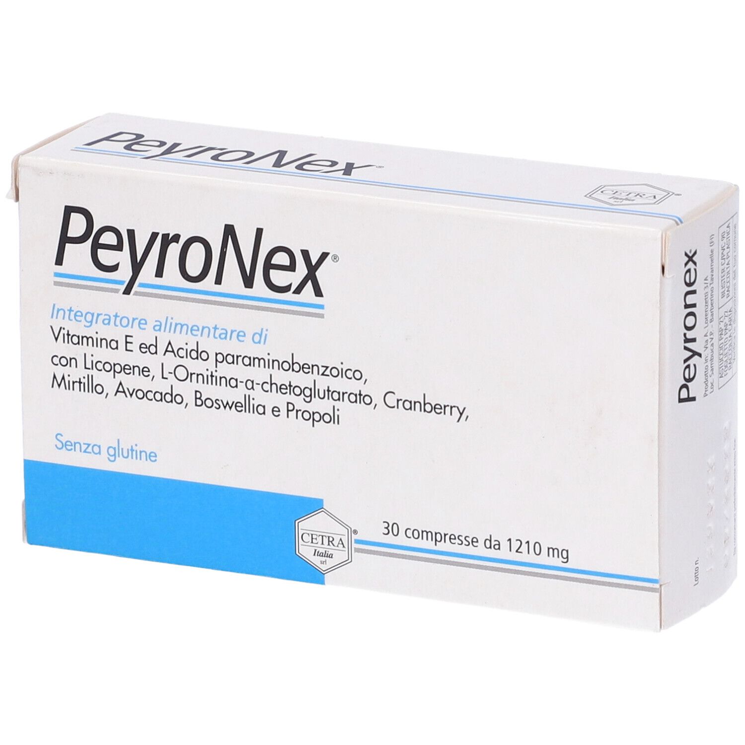 Scatola bianca PeyroNex con dettagli blu. Contiene 30 compresse. Senza glutine. Logo Cetra.