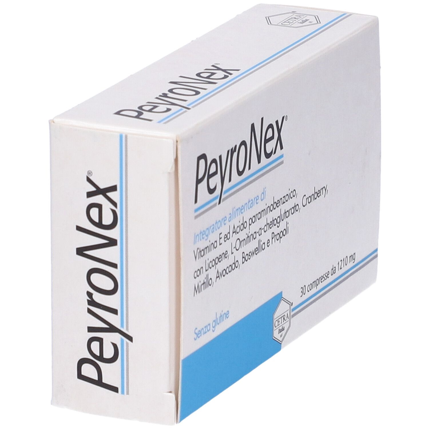 Scatola PeyroNex bianca con dettagli blu. Contiene 30 compresse. Logo Cetra. Senza glutine.