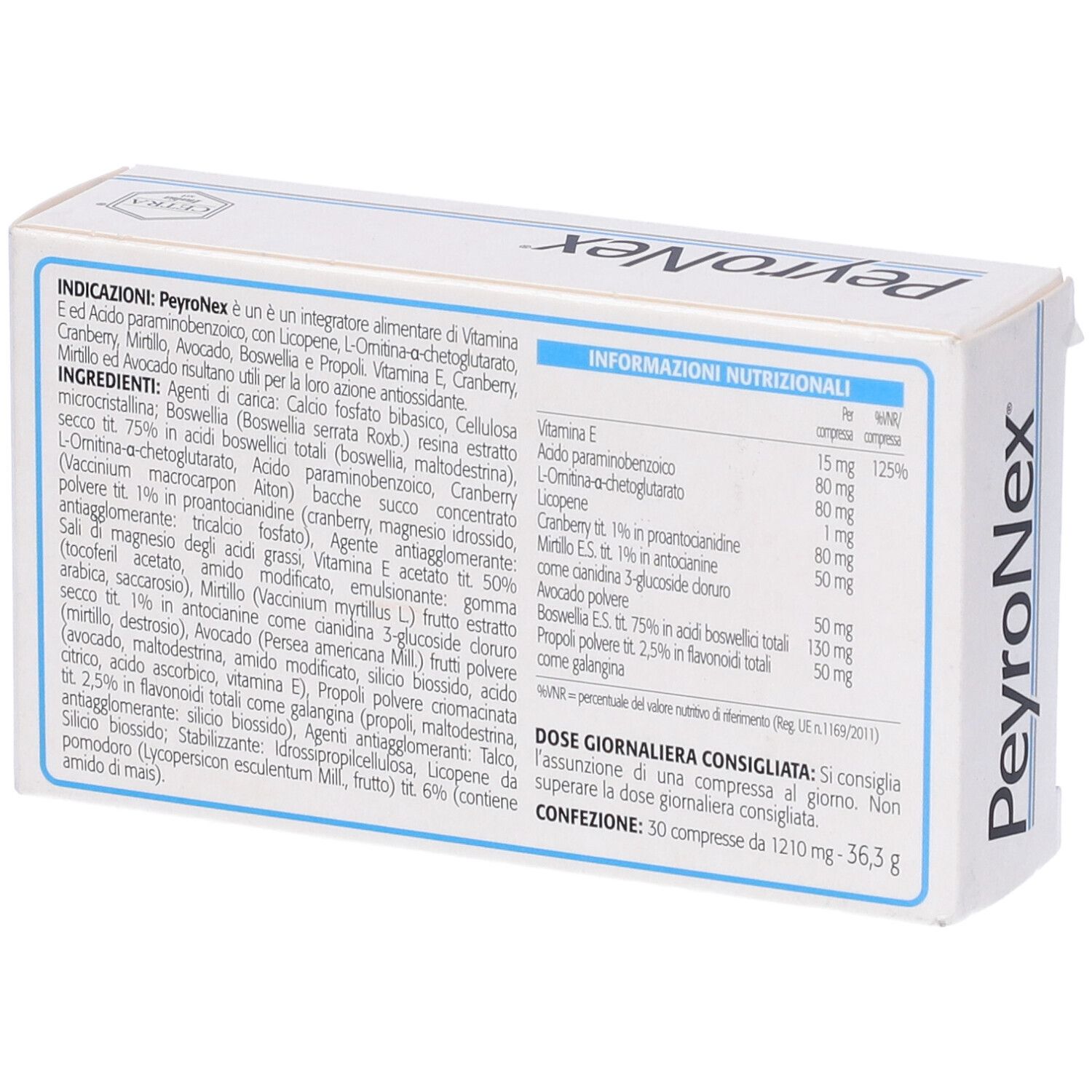 Scatola PeyroNex bianca con dettagli blu. Contiene 30 compresse. Informazioni nutrizionali e ingredienti sul retro.