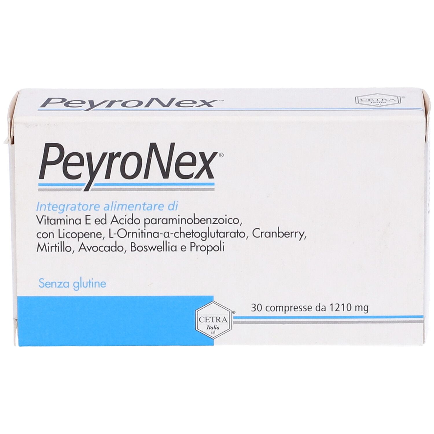 Scatola bianca PeyroNex con dettagli blu. Contiene 30 compresse. Senza glutine. Logo Cetra.