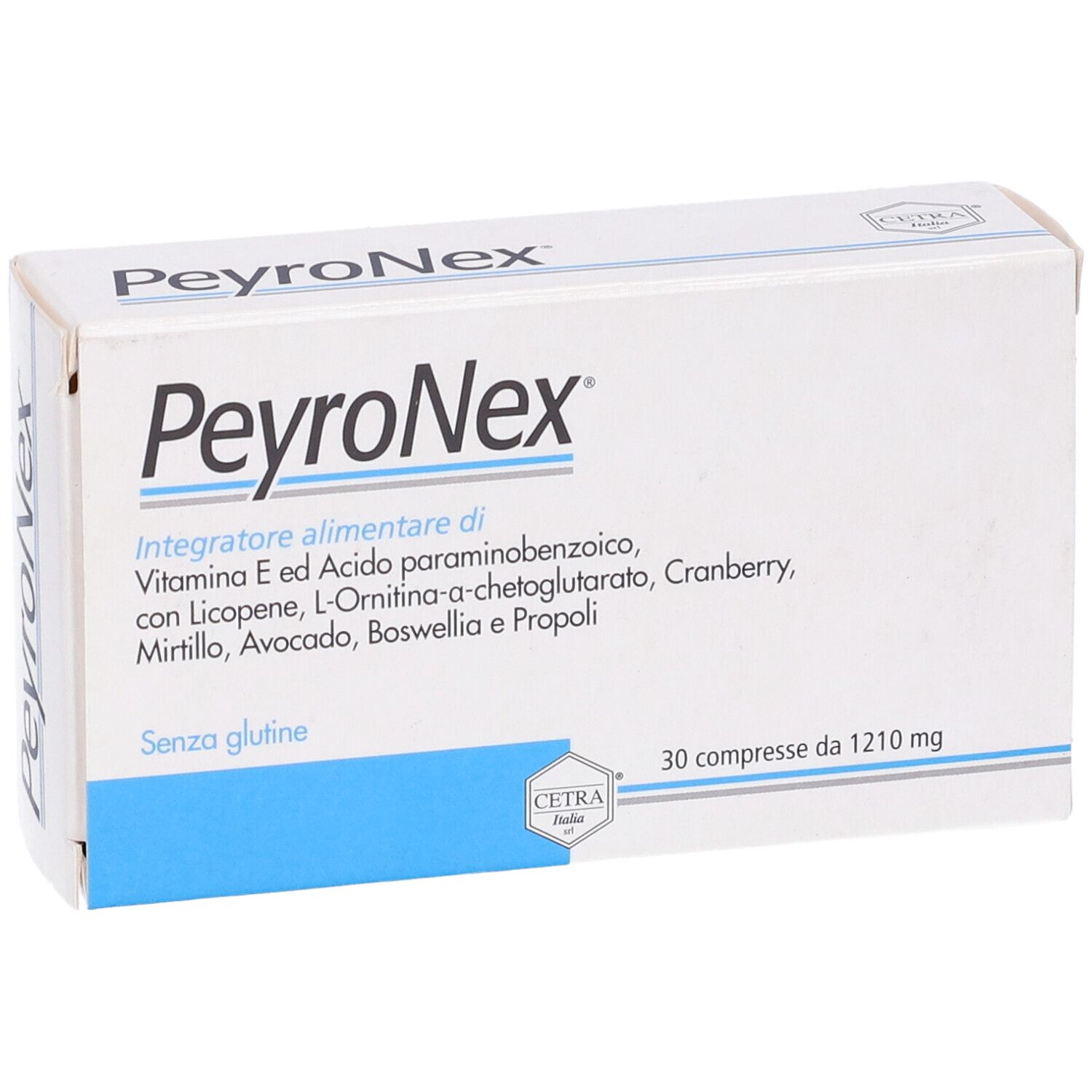 Scatola bianca PeyroNex con dettagli blu. Contiene 30 compresse. Logo Cetra. Senza glutine.