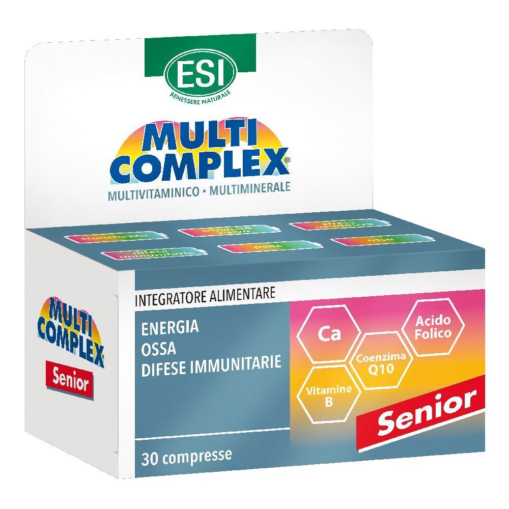 Confezione di ESI Multi Complex Senior, 30 compresse. Ingredienti e logo ESI visibili. Scritta "Senior" in rosso.