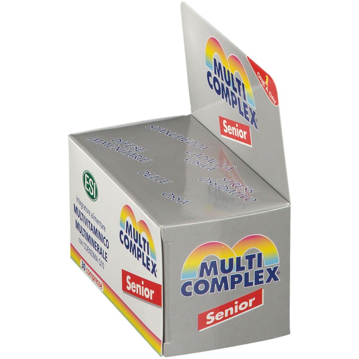 Confezione aperta di ESI Multi Complex Senior. Logo e scritta "Senior" visibili. Confezione grigia.