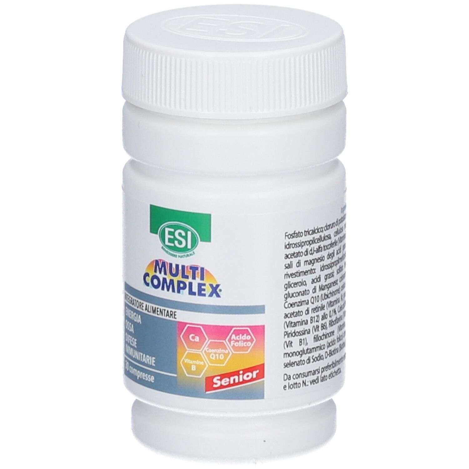 Flacone bianco ESI Multi Complex Senior. Logo e scritta "Senior" visibili. Contiene compresse.