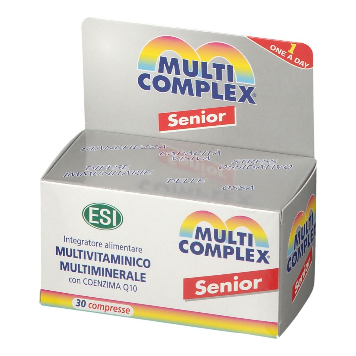 Confezione aperta ESI Multi Complex Senior. Logo e scritta "Senior" visibili. Contiene 30 compresse.
