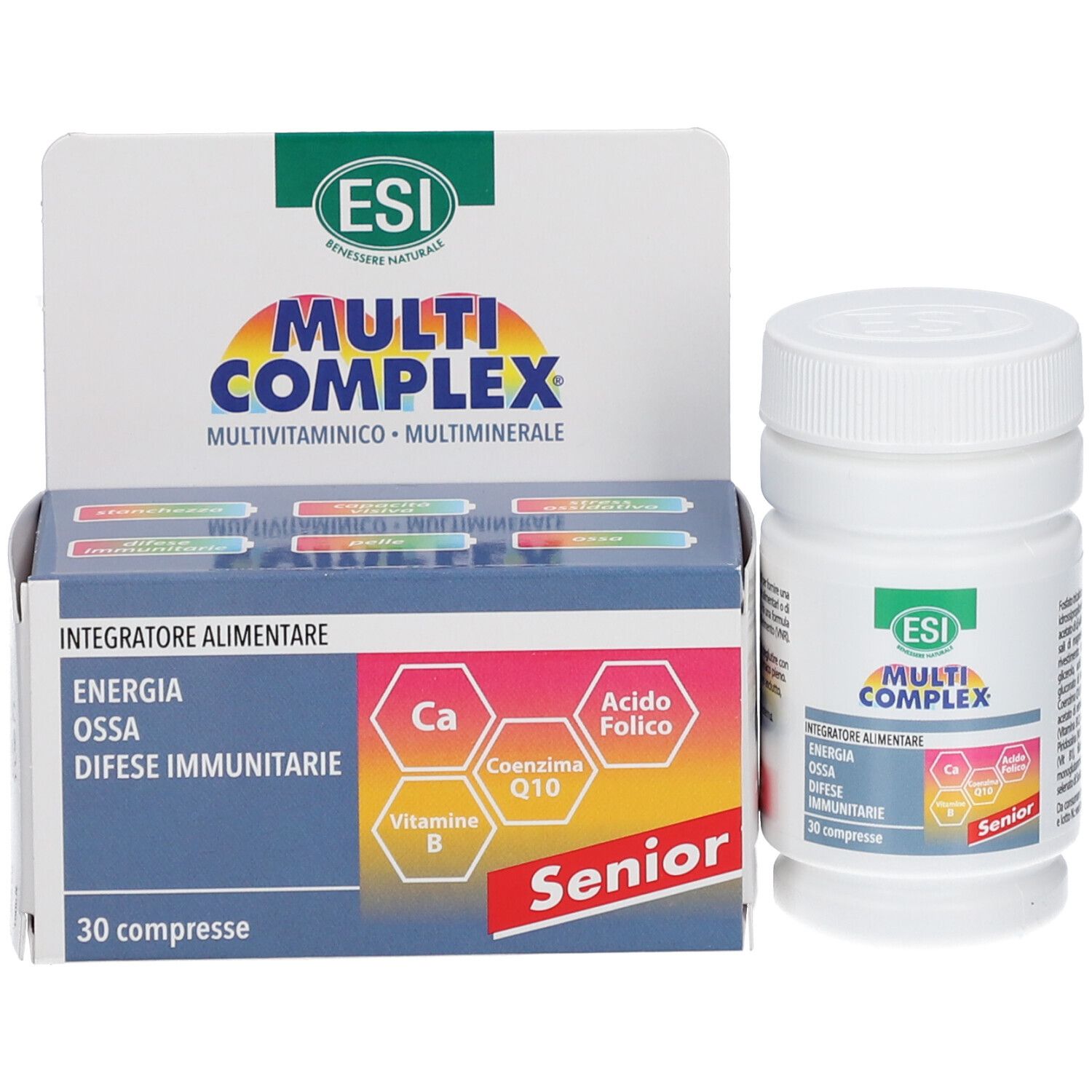 Confezione e flacone ESI Multi Complex Senior. Logo e scritta "Senior" visibili. Contiene compresse.