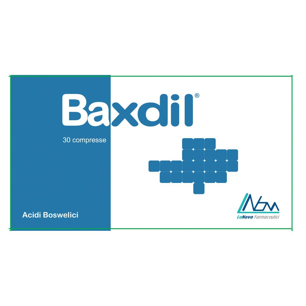 Confezione di Baxdil. Schema colori blu e bianco. Scritte "Baxdil", "30 compresse" e "Acidi Boswelici". Logo LaNova Farmaceutici.