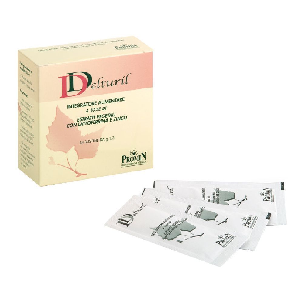 Confezione e bustine Delturil. Scritta: Integratore Alimentare. Contiene estratti, lattoferrina e zinco. Marchio Promin.