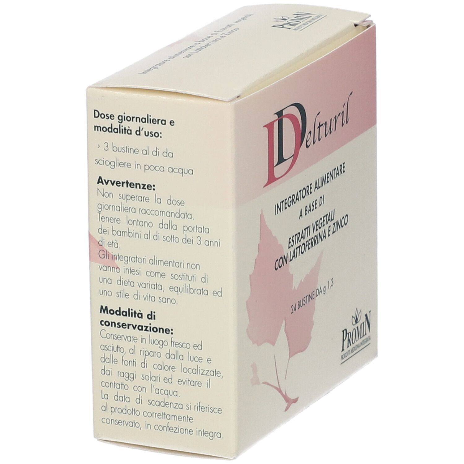 Scatola Delturil. Scritta: Integratore Alimentare. Contiene estratti, lattoferrina e zinco. 24 bustine. Marchio Promin.