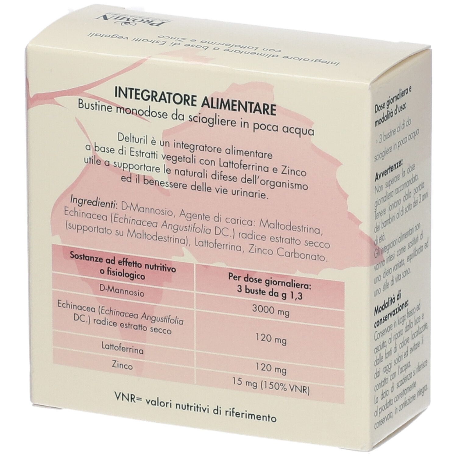 Scatola Delturil. Retro con ingredienti e informazioni nutrizionali. Marchio Promin. 24 bustine.