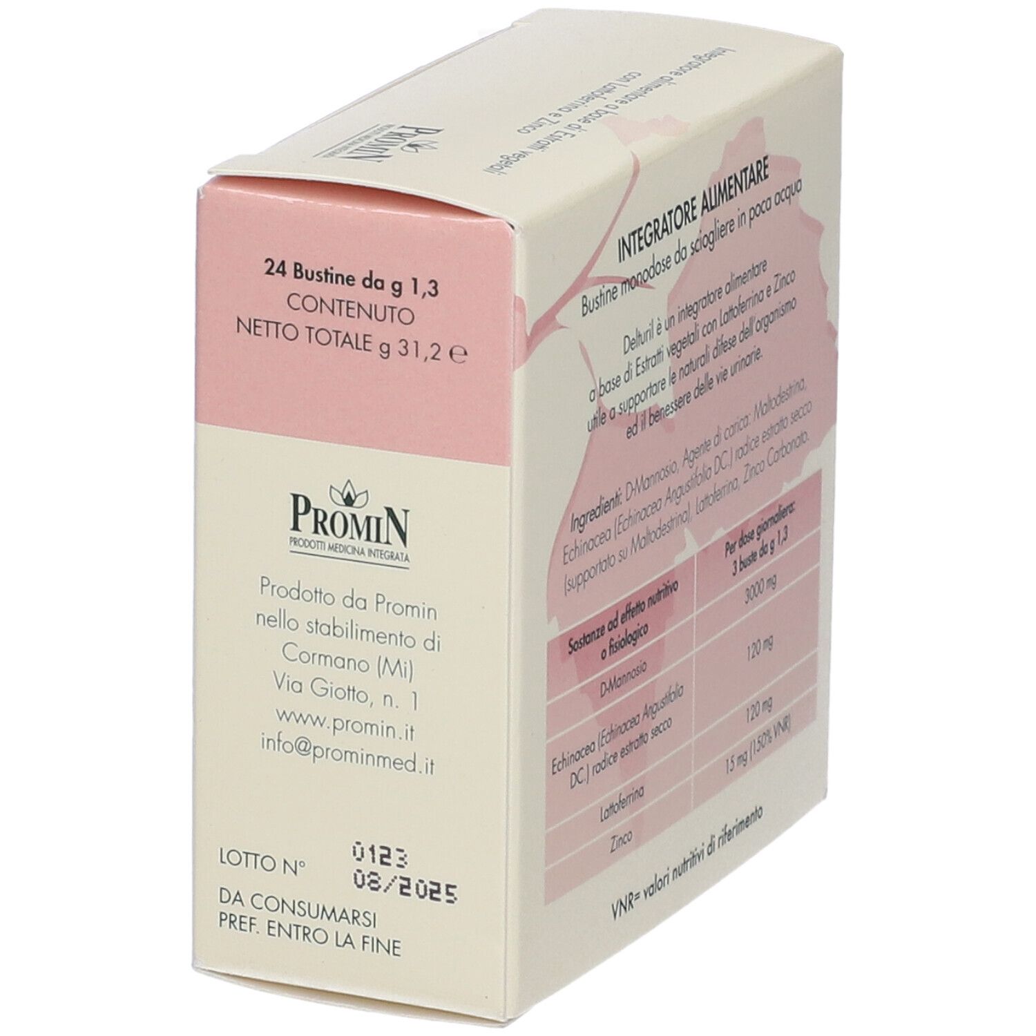 Scatola Delturil. Retro con informazioni produttore e data di scadenza. Marchio Promin. 24 bustine.