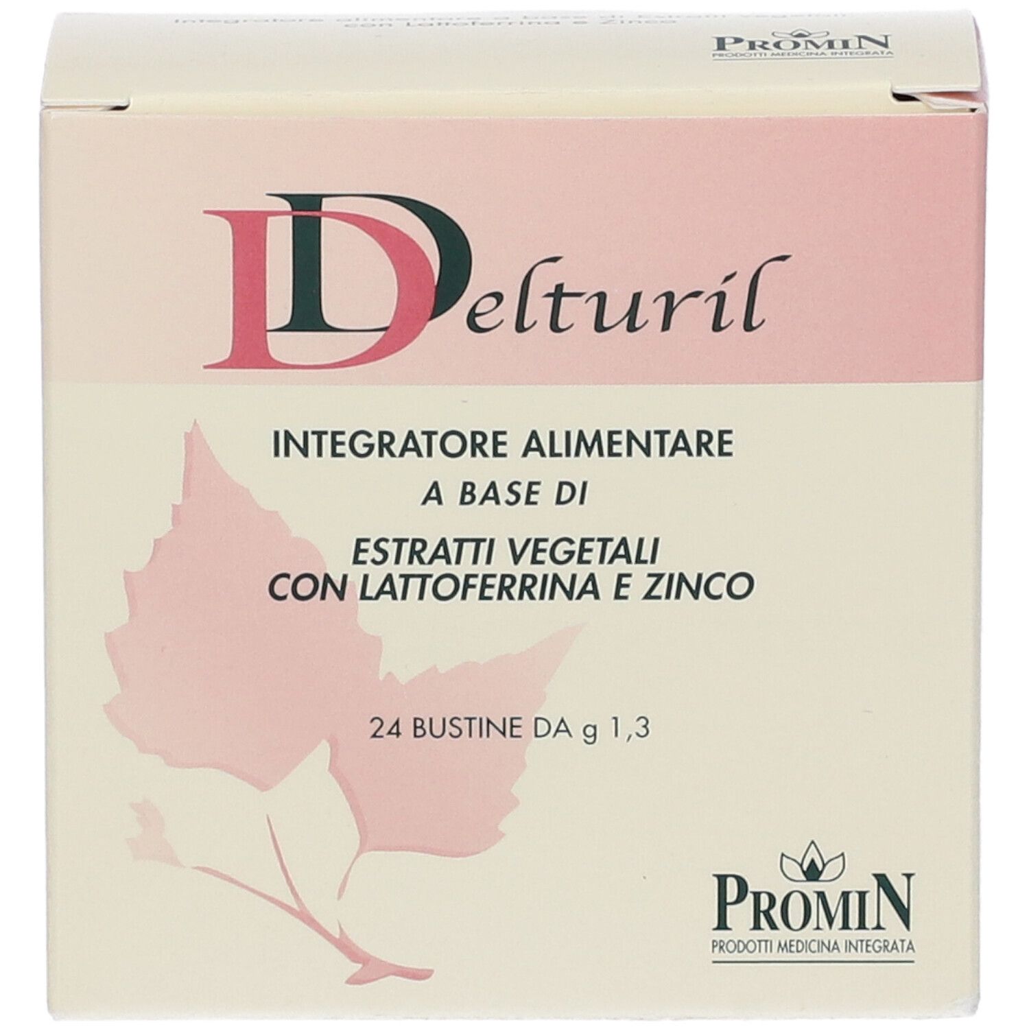 Scatola Delturil. Scritta: Integratore Alimentare. Contiene estratti, lattoferrina e zinco. 24 bustine. Marchio Promin.