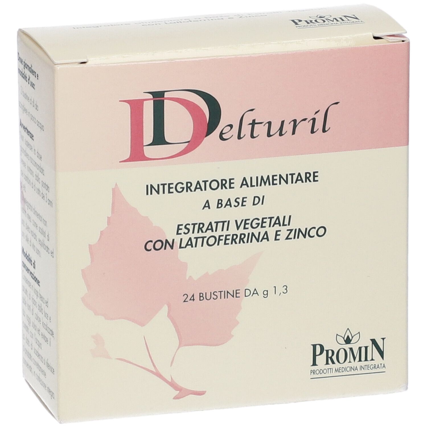 Scatola Delturil. Scritta: Integratore Alimentare. Contiene estratti, lattoferrina e zinco. 24 bustine. Marchio Promin.