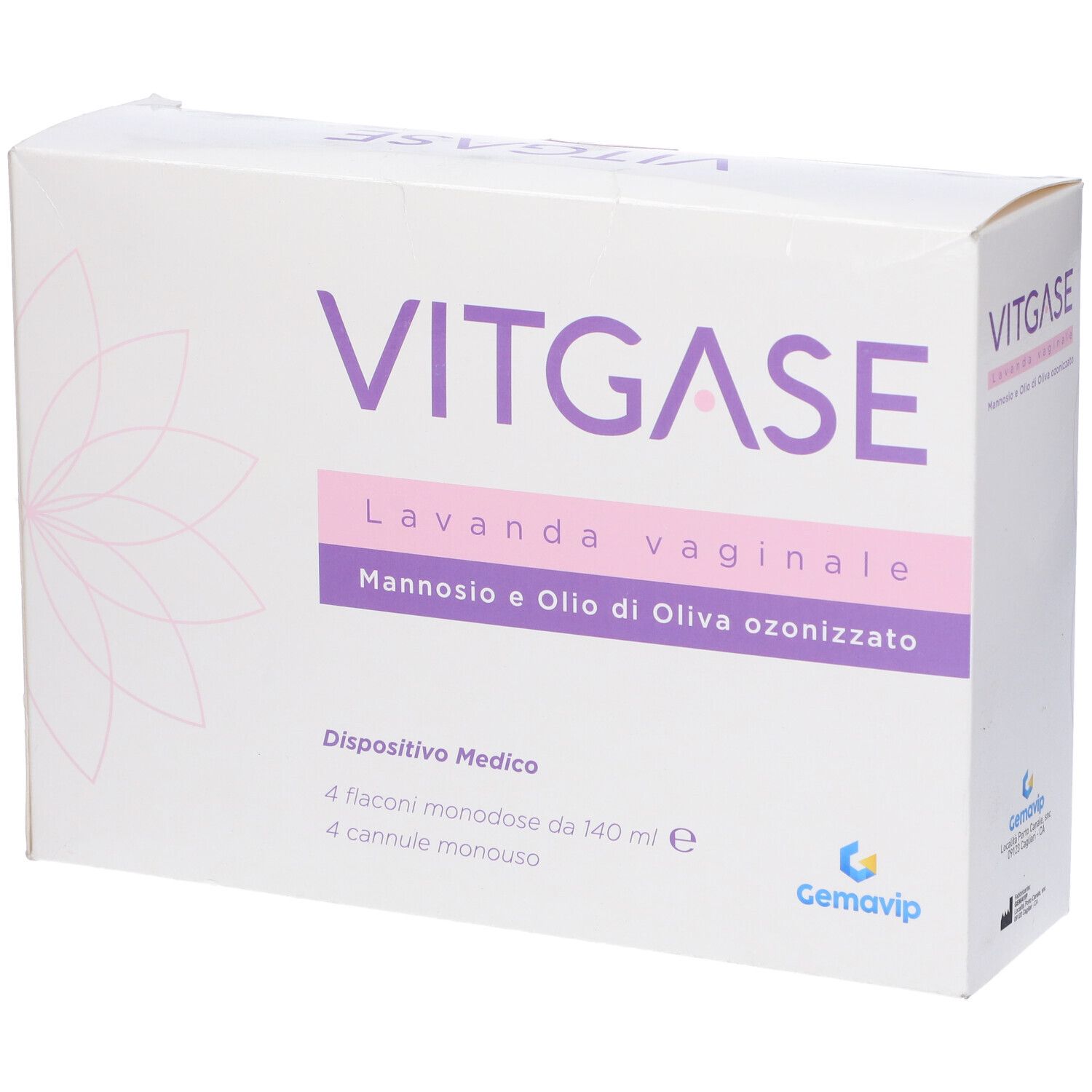 Confezione VITGASE, Lavanda vaginale, Mannosio e Olio di Oliva ozonizzato. Contiene 4 flaconi e 4 cannule. Dispositivo Medico.