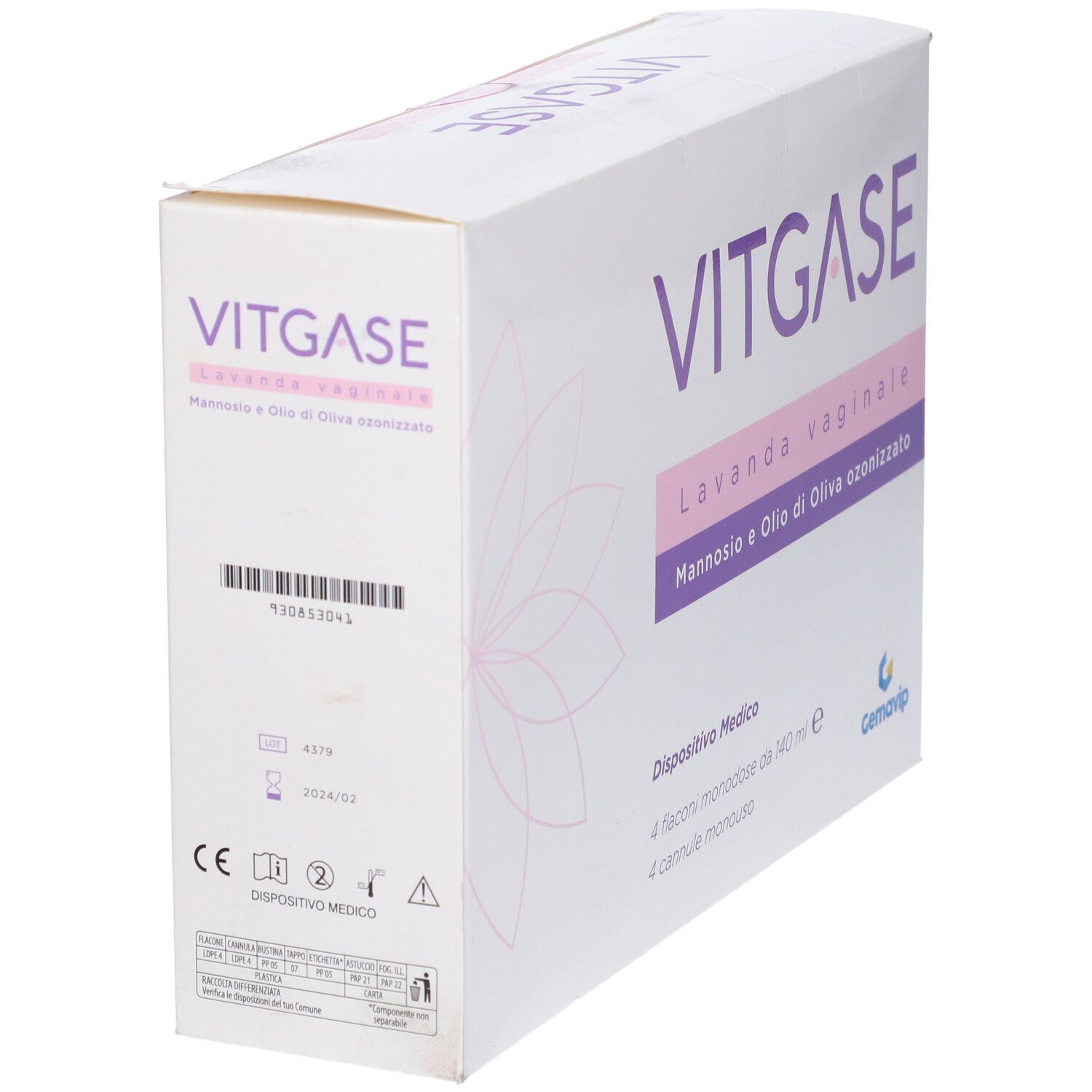 Confezione VITGASE, Lavanda vaginale, Mannosio e Olio di Oliva ozonizzato. Codice a barre, marchio CE e altre informazioni.