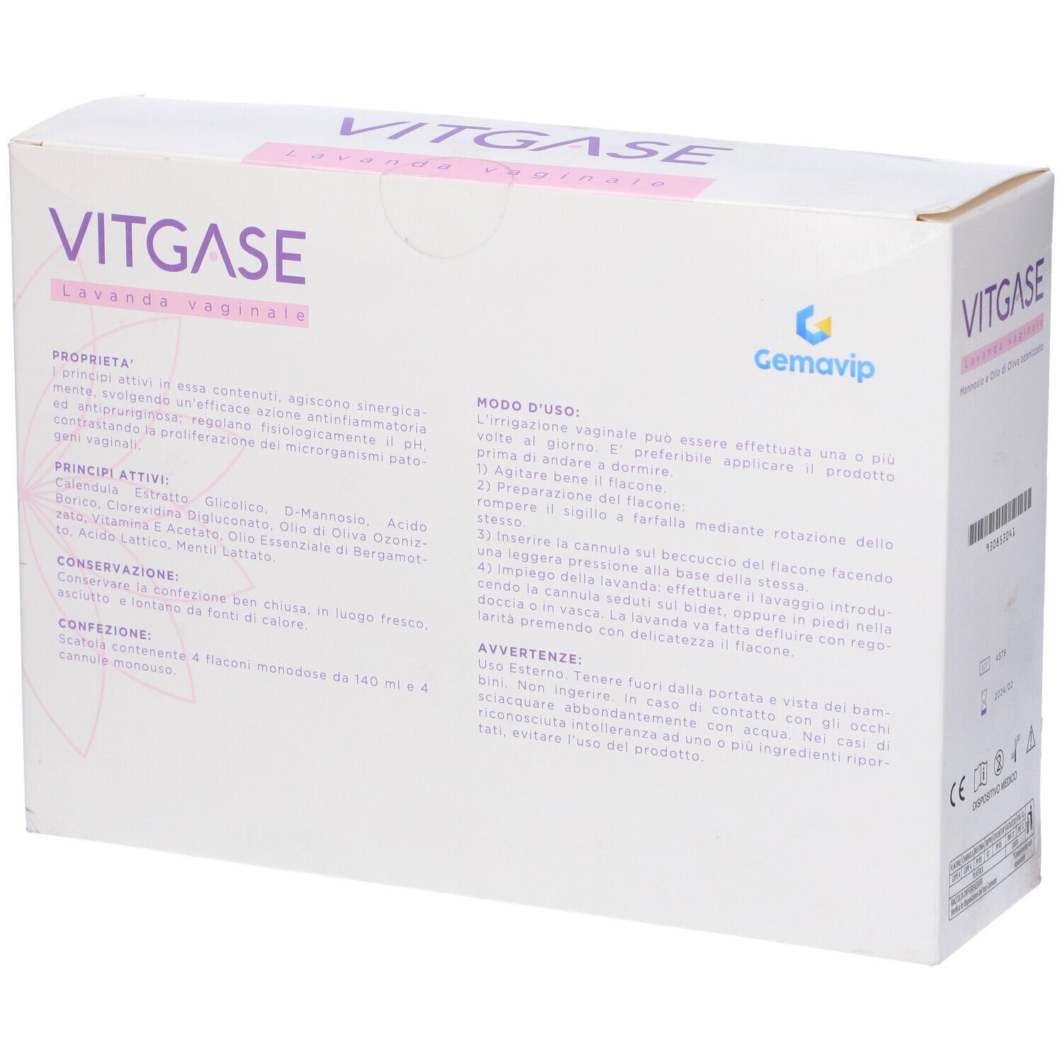 Confezione VITGASE, Lavanda vaginale, Mannosio e Olio di Oliva ozonizzato. Informazioni su proprietà, ingredienti e uso.