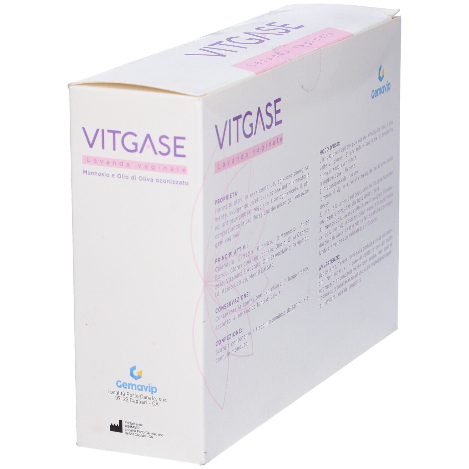 Confezione VITGASE, Lavanda vaginale, Mannosio e Olio di Oliva ozonizzato. Ingredienti, uso e avvertenze.