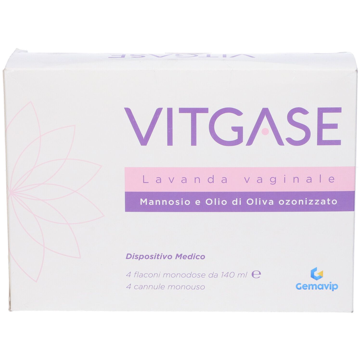 Confezione VITGASE, Lavanda vaginale, Mannosio e Olio di Oliva ozonizzato. 4 flaconi e 4 cannule. Dispositivo Medico.