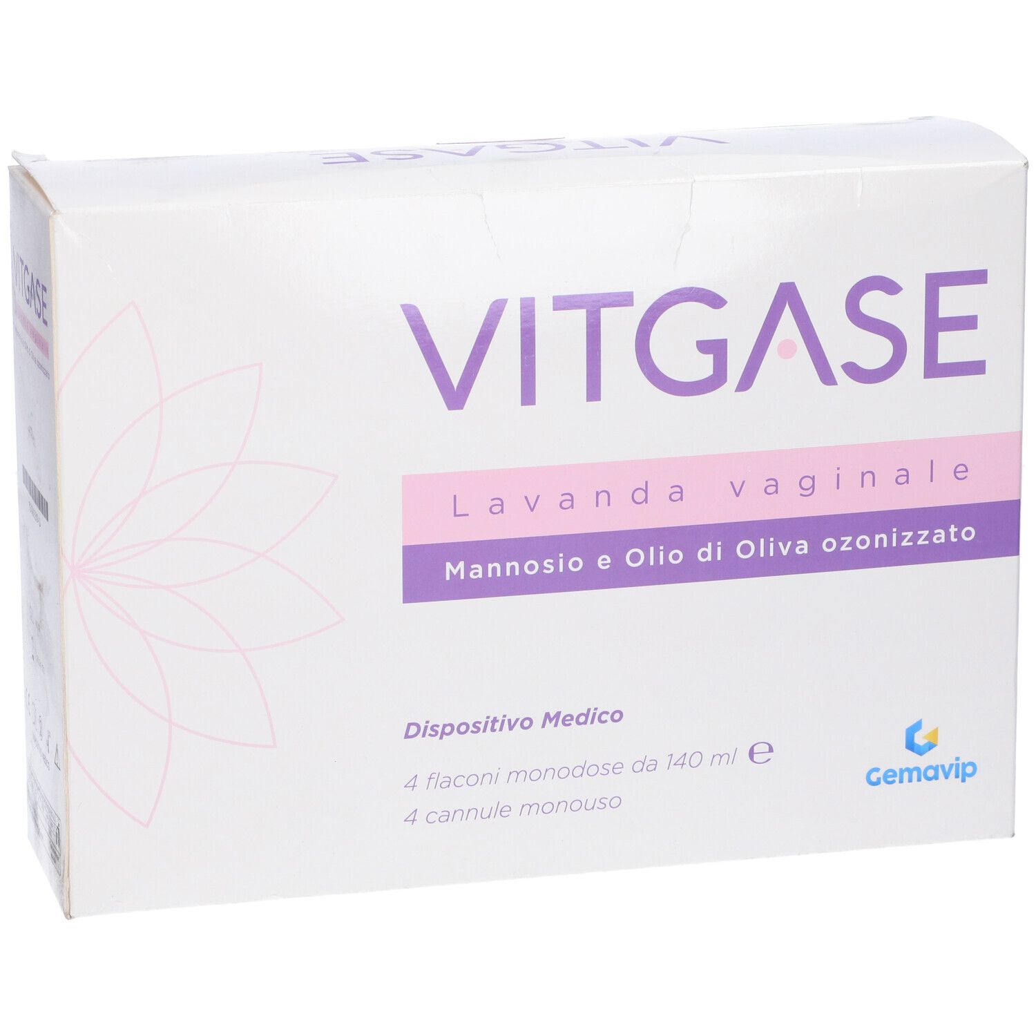 Confezione VITGASE, Lavanda vaginale, Mannosio e Olio di Oliva ozonizzato. 4 flaconi e 4 cannule. Dispositivo Medico.