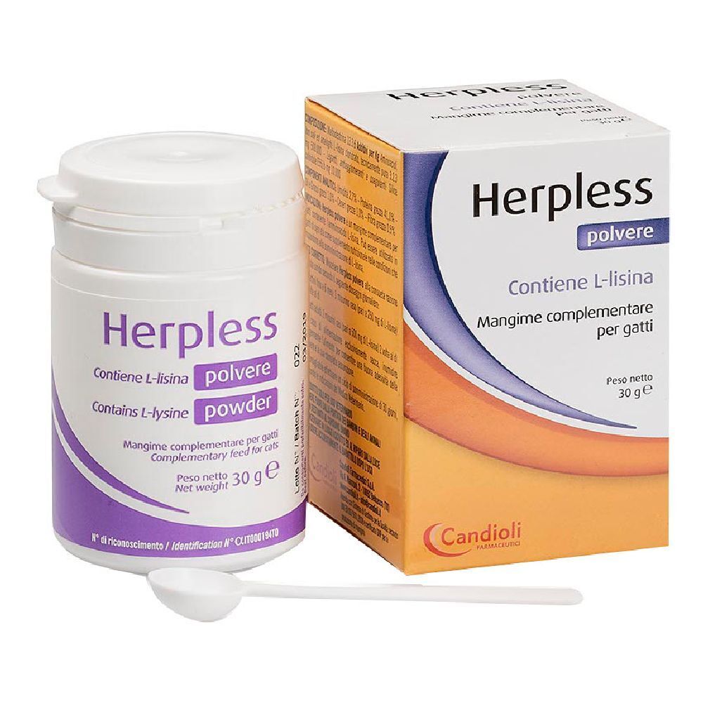 Polvere bianca in barattolo e scatola. Scritta Herpless, contiene L-lisina. Include misurino. 30g.