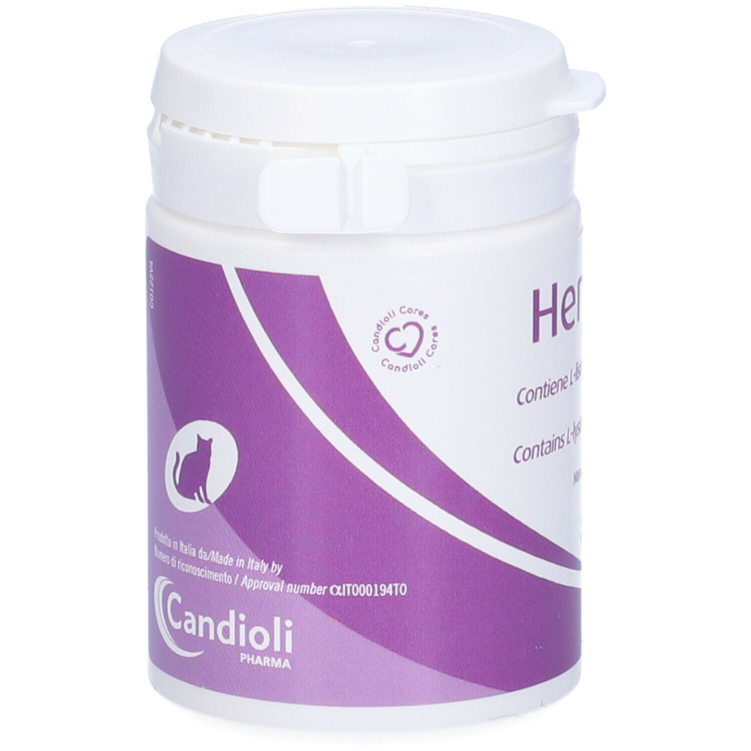 Barattolo bianco con etichetta viola. Scritta Herpless, contiene L-lisina. Logo Candoli Pharma. Silhouette di gatto.