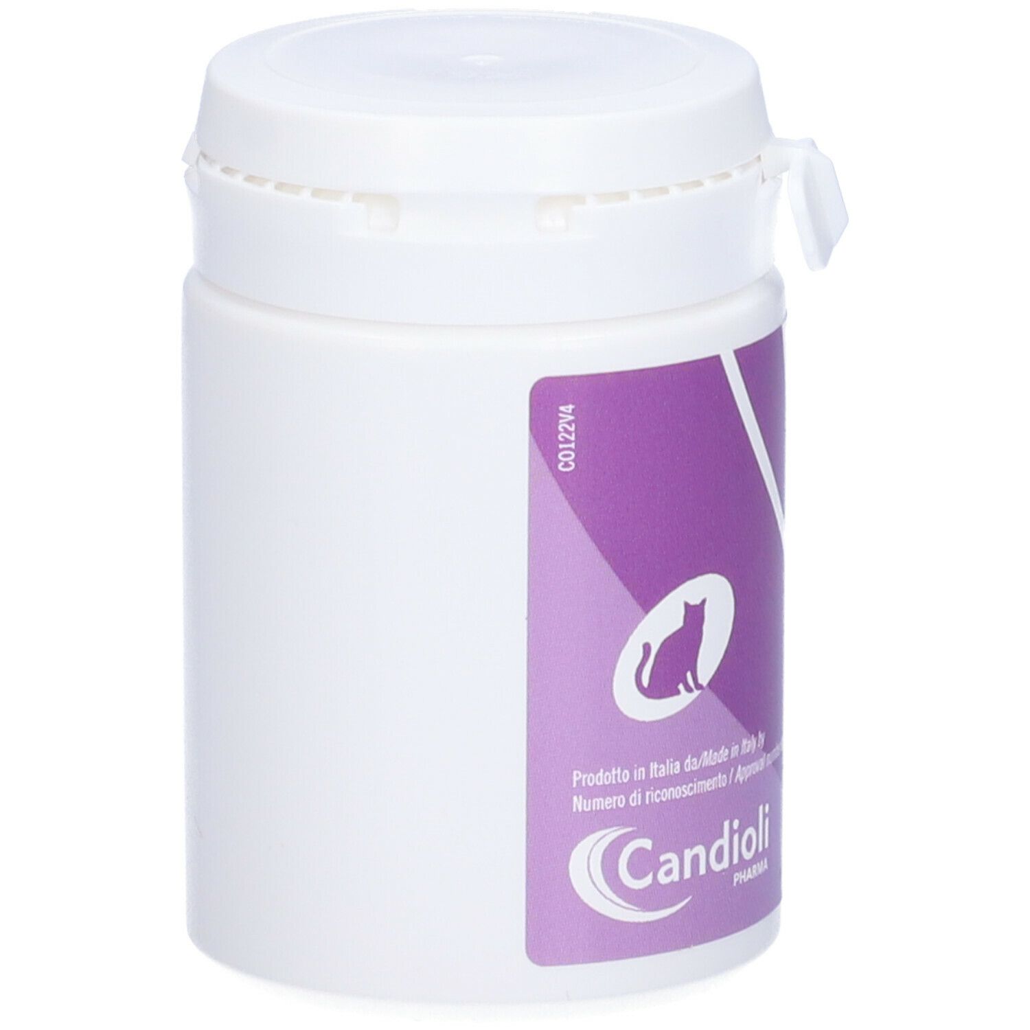 Barattolo bianco con etichetta viola. Silhouette di gatto. Logo Candoli Pharma. Numero di fabbricante.