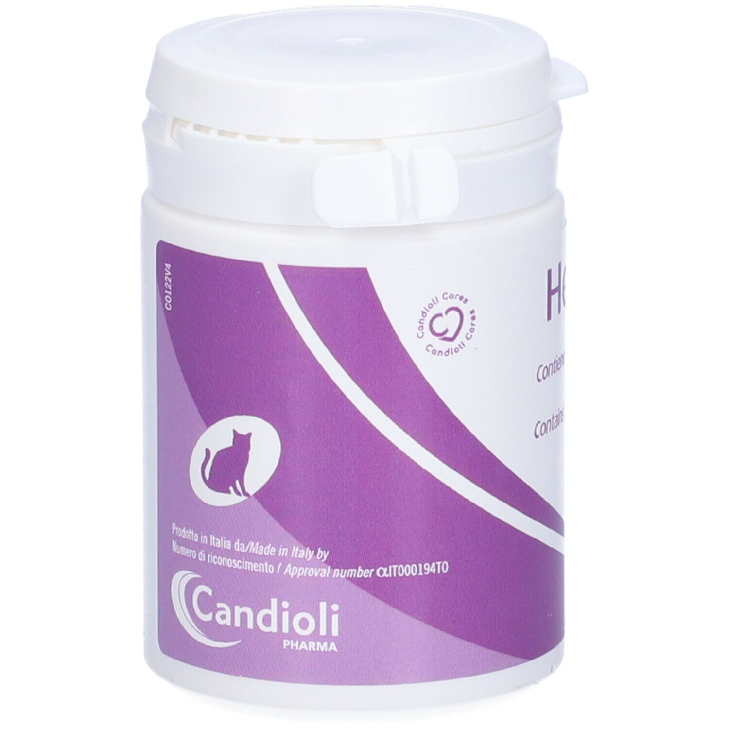 Barattolo bianco con etichetta viola. Scritta Herpless, contiene L-lisina. 30g. Logo Candoli Pharma. Silhouette di gatto.