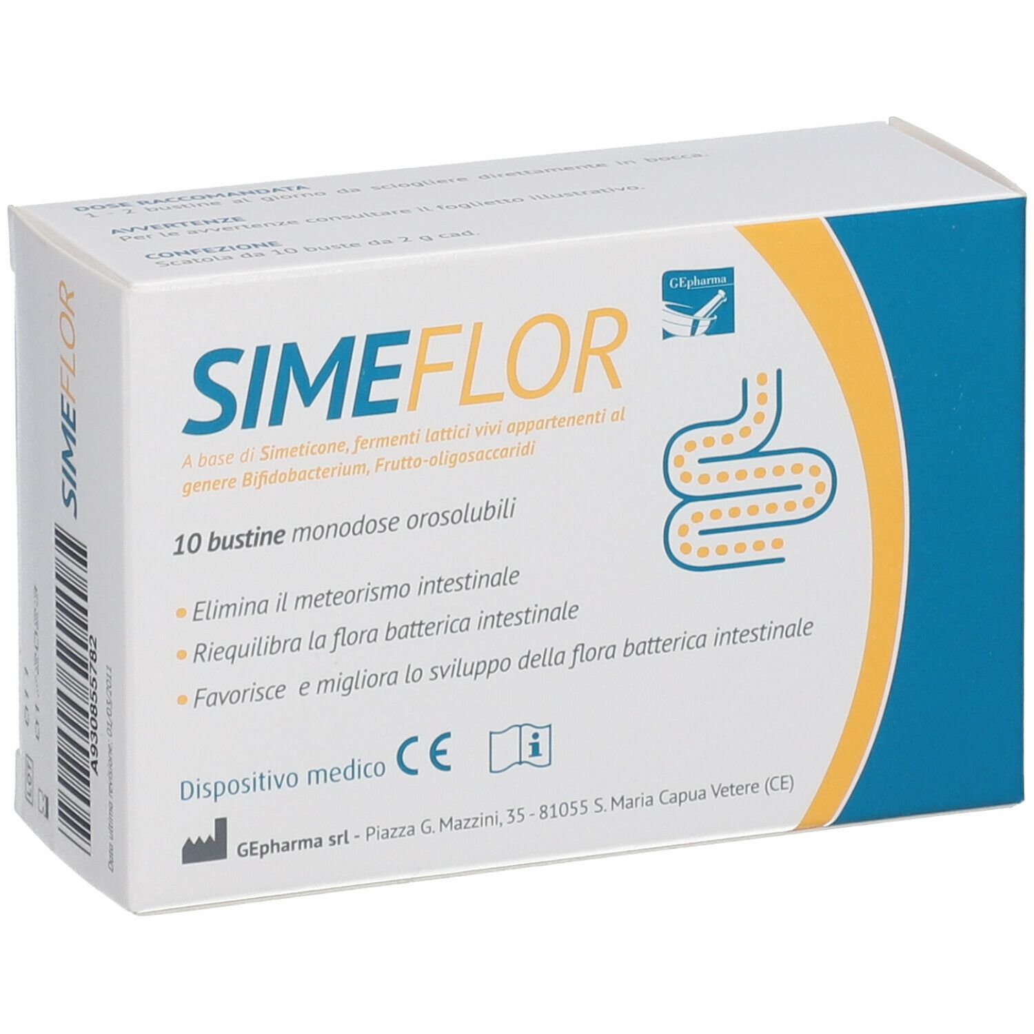 Scatola SIMEFLOR. Contiene 10 bustine. Scritto: Elimina il meteorismo, riequilibra la flora, favorisce lo sviluppo. Marchio CE.