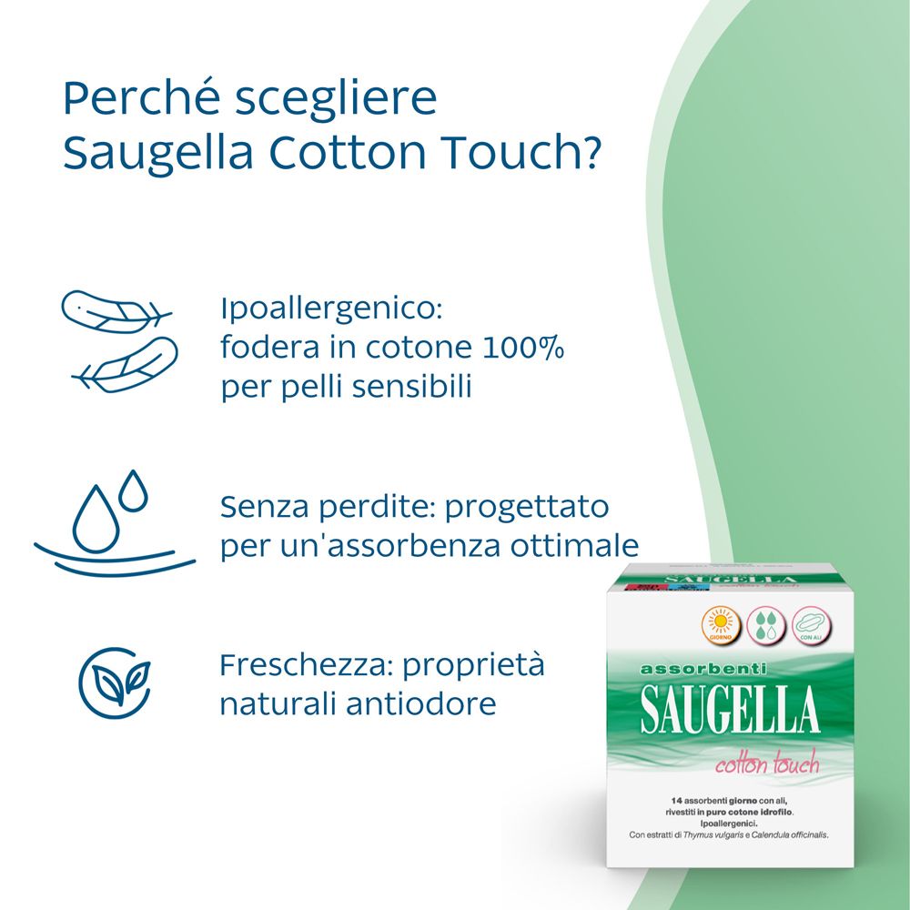 Text mit den Vorteilen von Saugella Cotton Touch: hypoallergen, 100% Baumwolle, optimaler Schutz, natürliche geruchshemmende Eigenschaften.