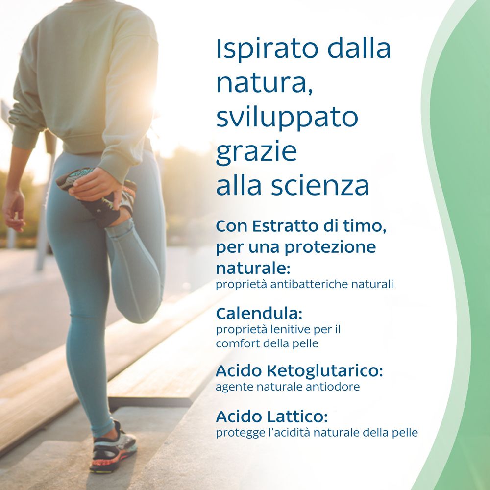 Person im Sportoutfit. Text: Inspiriert von der Natur, entwickelt durch Wissenschaft. Inhaltsstoffe: Thymian, Calendula, Ketoglutarsäure, Milchsäure.